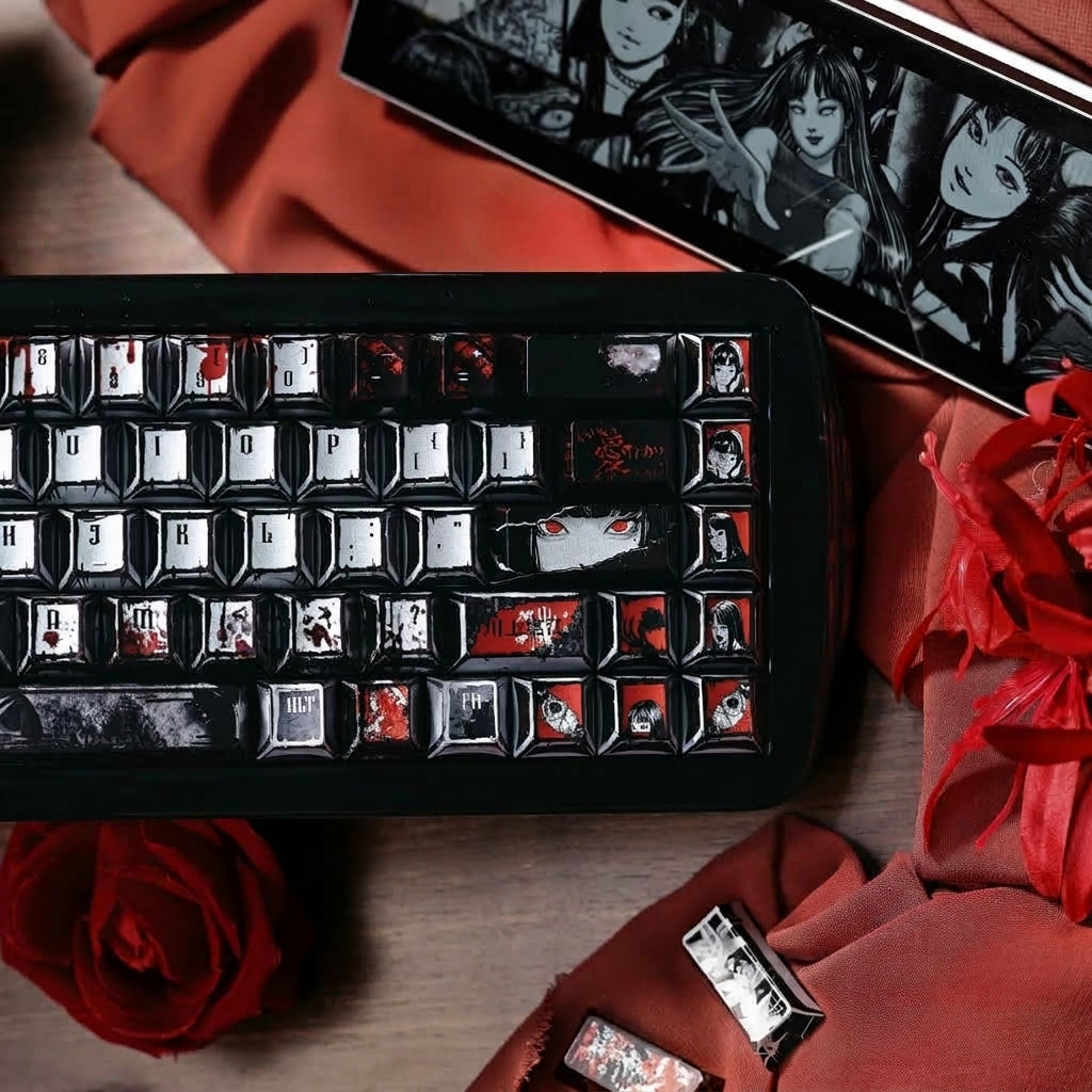Tomie Kawakami theme, metallic paint texture PBT material anime and game cultural and creative keycaps set, Compatible with 61/64/68/75/84/87/104 Key Mechanical Keyboard Keycap Set