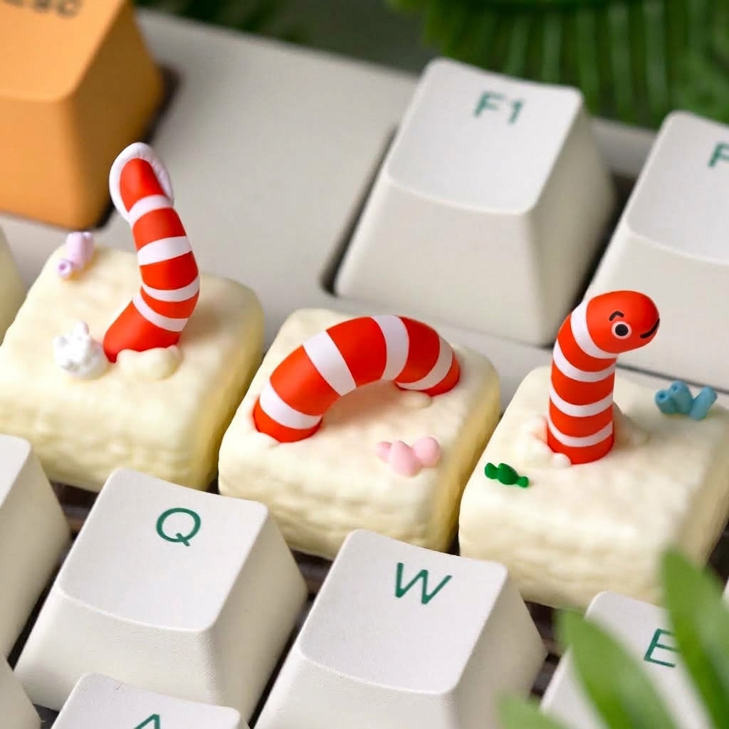 Garden Eel Theme, Set of 3 Multi colored resin one-piece molded personalized keycaps, mechanical keyboard resin decorative keycaps