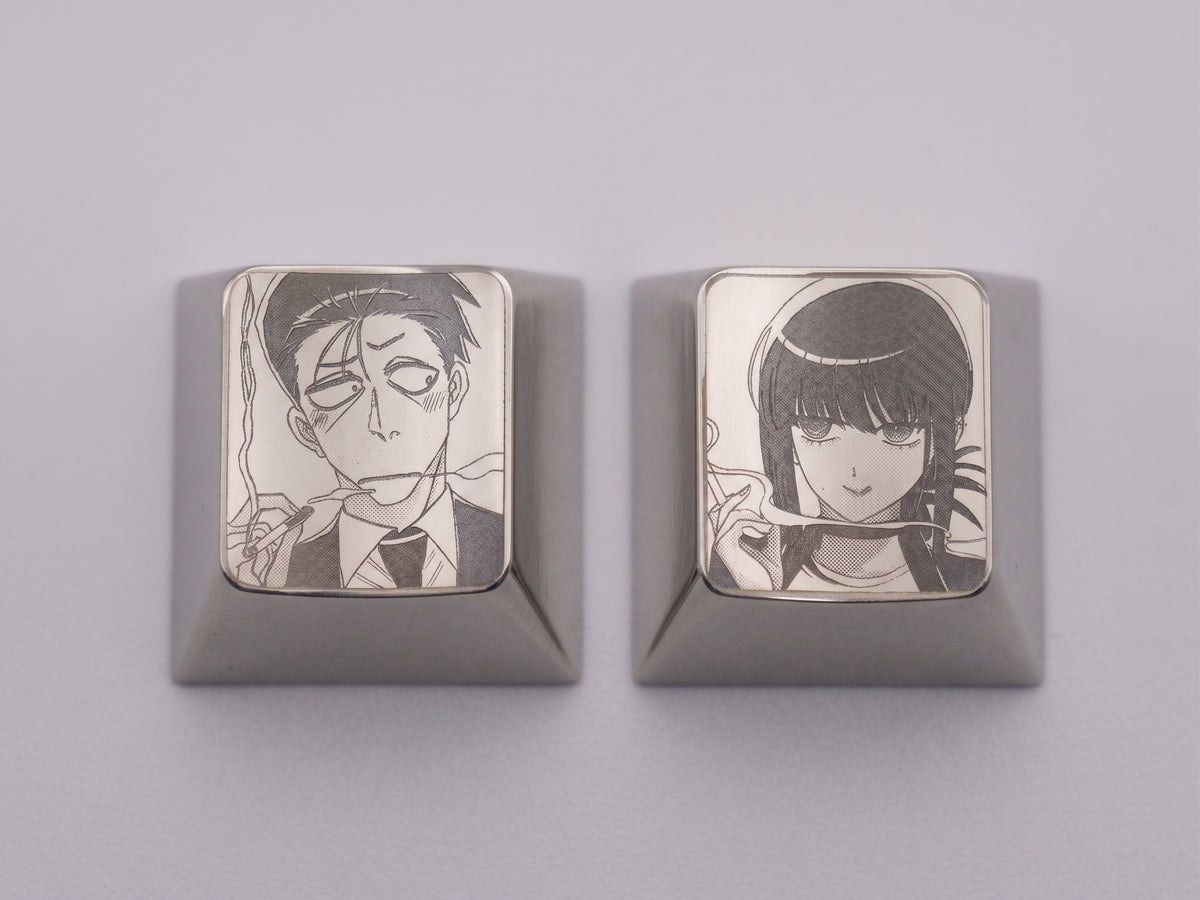 Two people smoking behind the supermarket 1U titanium alloy metal personalized keycaps, anime and game character peripheral products, decorative keycaps.