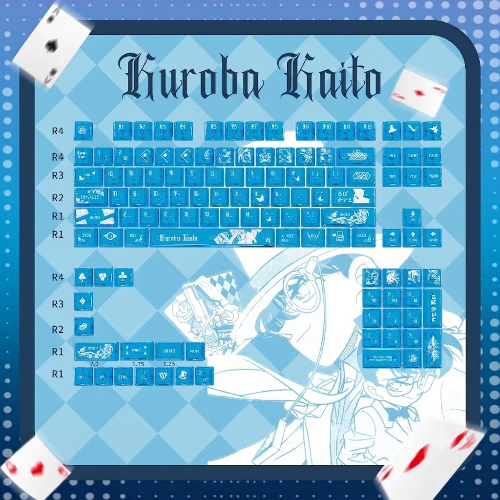 Detective Conan, Kuroba Kaito，PBT+PC material personalized keycap set, anime keycap culture peripheral mechanical keyboard decoration keycaps， Compatible with 61/64/68/75/84/87/104 key mechanical keyboard keycap set