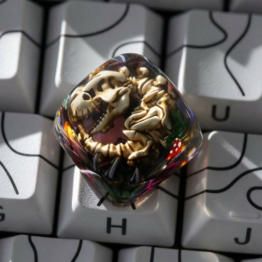 Micro landscape dinosaur fossil design, Tyrannosaurus rex，Crystal drops of glue material artisankeycaps, craftsman decorated keycaps.