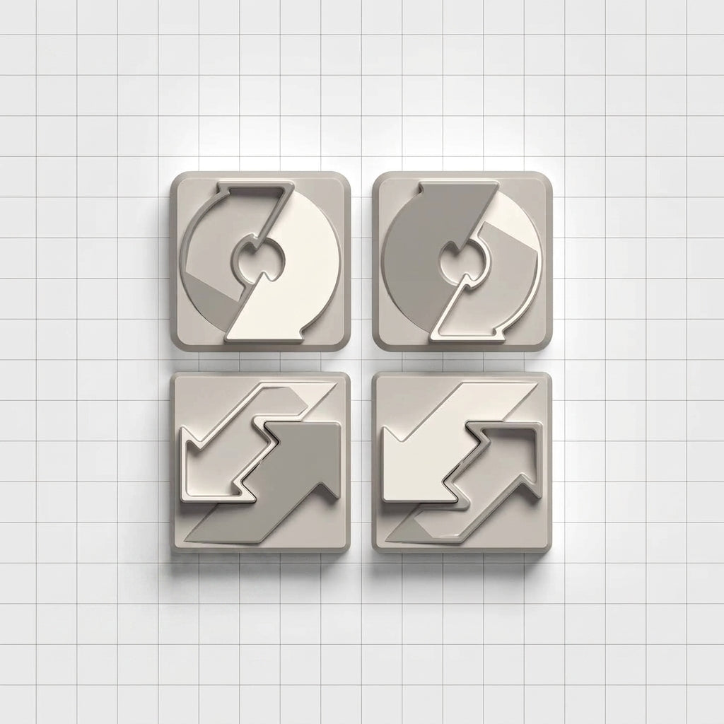 Nuclear Cube Arrow themed design, metal black and white color scheme, glossy matte metal, customized personalized keycaps