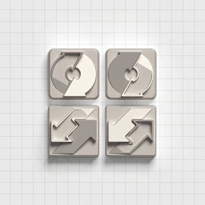 Nuclear Cube Arrow themed design, metal black and white color scheme, glossy matte metal, customized personalized keycaps