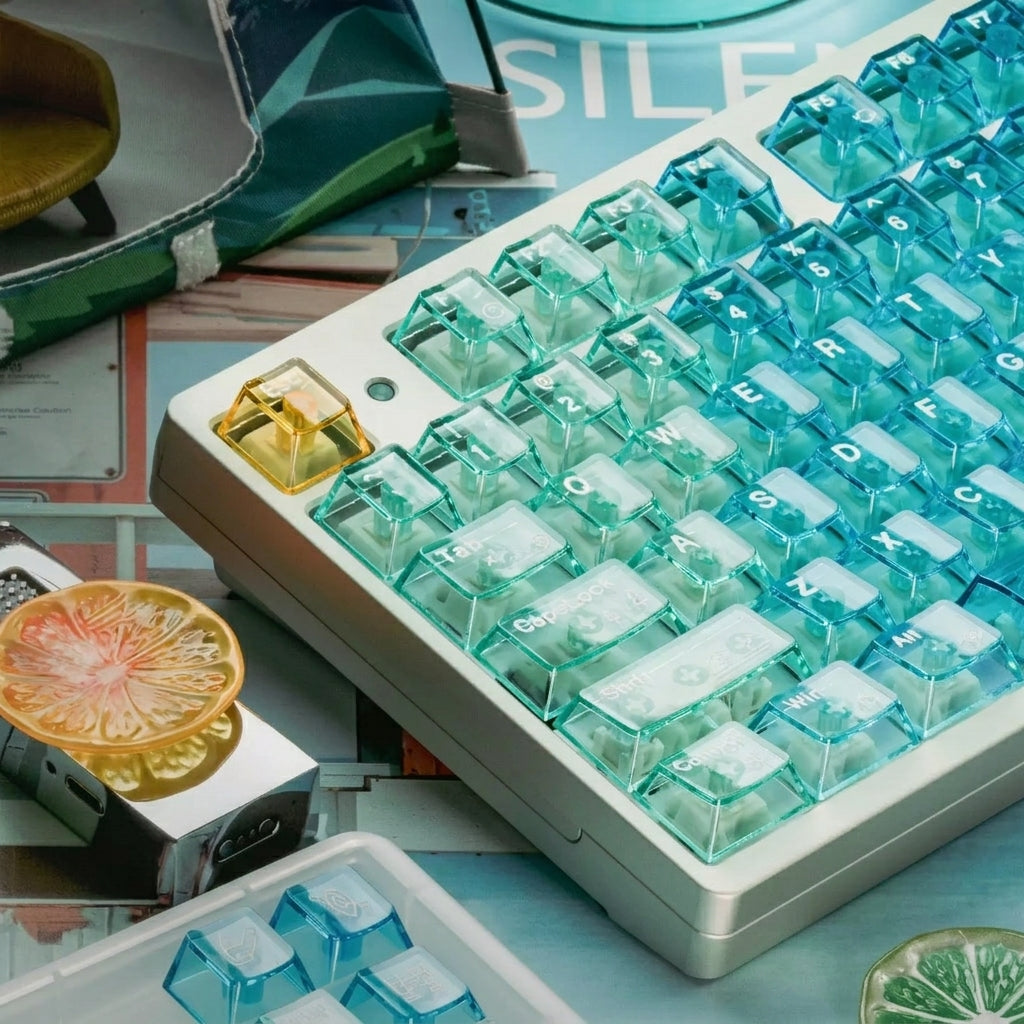Summer seaside theme, PC material, pure transparent Original Factory Height,  mechanical keyboard replacement keycap set, Compatible with 61/64/68/75/84/87/104 Key Mechanical Keyboard Keycap Set