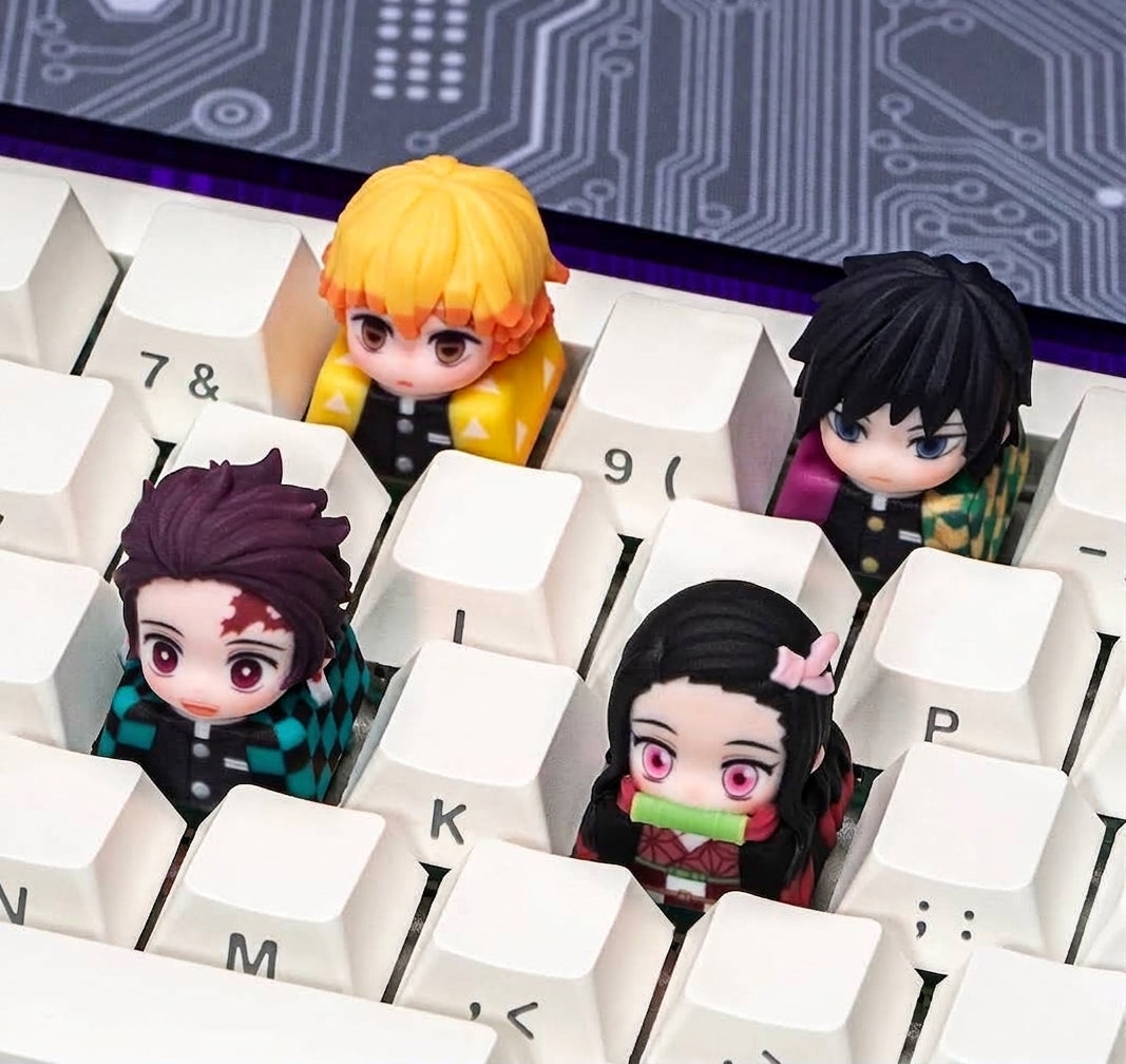 Demon Slayer theme secondary design, 3 D printing, not corroded or faded, three-dimensional modeling, anime, gaming, cultural creativity, personalized keycaps, mechanical keyboard decoration keycaps