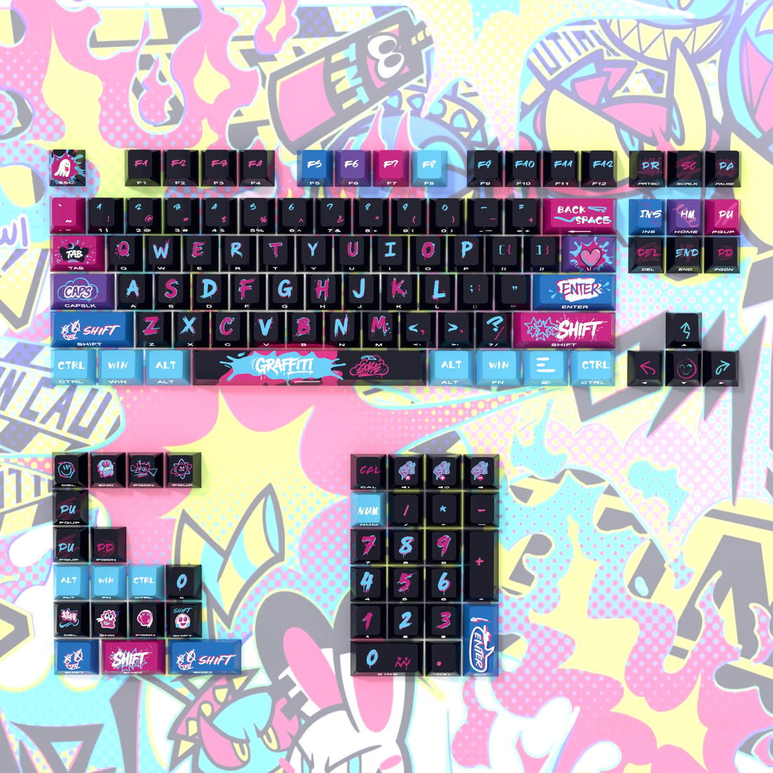 Ghost Graffiti Theme Side Carving Original Transparent Keycap Small Set PBT Heat Sublimation Original Height Keycap Set