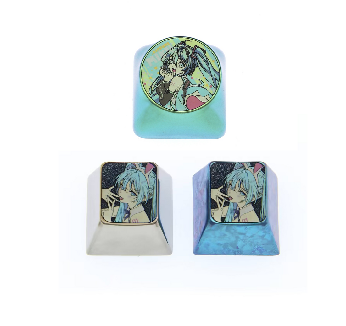 Hatsune Miku, 1U, round base, titanium alloy personalized keycaps, metal keycaps around animation and game music characters