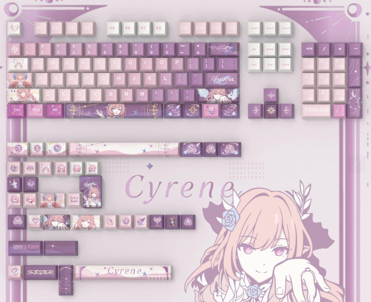 Honkai: Star Rail series, Cyrene theme, original high PBT material keycaps, full five sided thermal sublimation process mechanical keyboard custom set keycaps