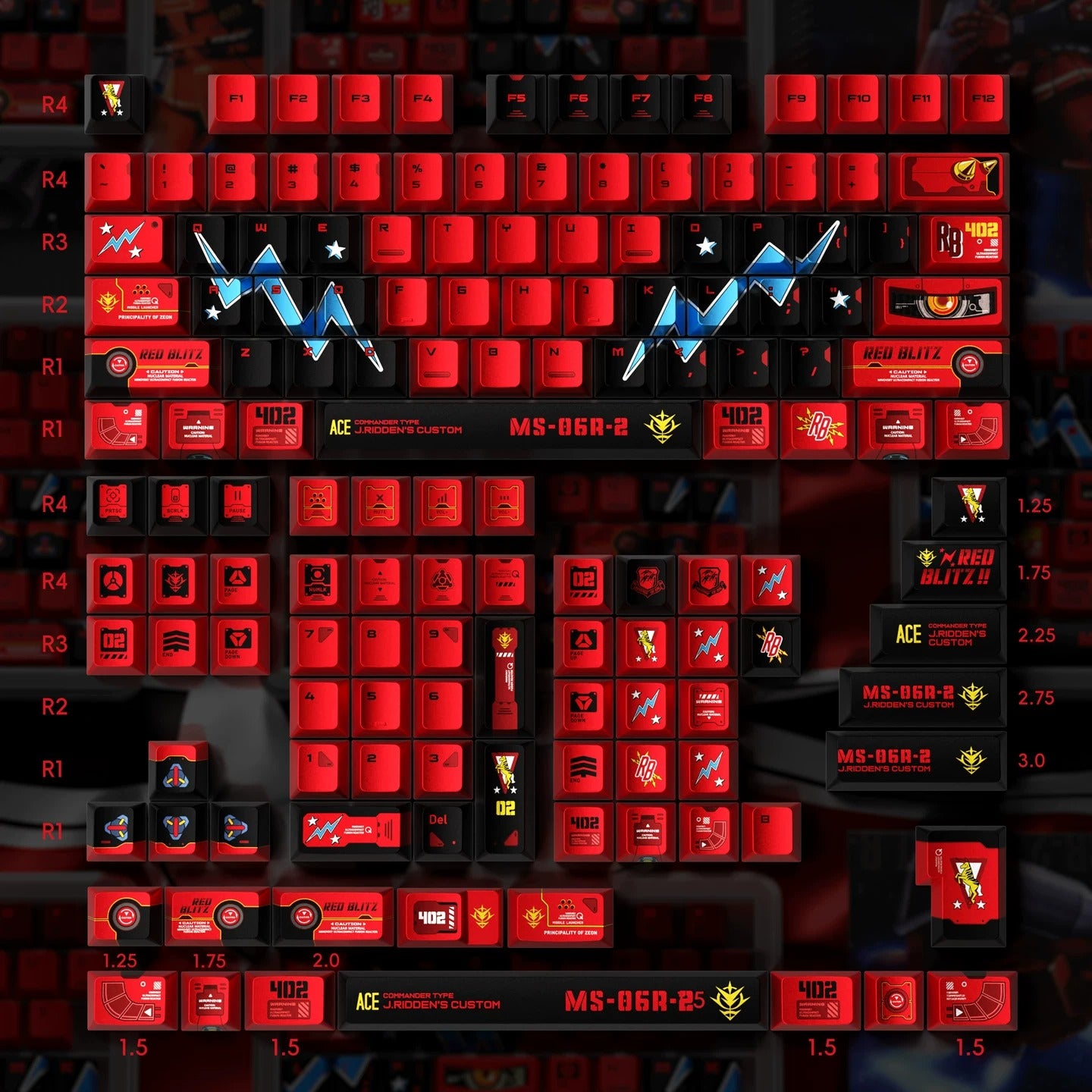 GUNDAM series, designed with Johnny Ridden theme MS-06S，Keycaps Customized Mechanical Keyboard PBT Thermal Sublimation Original Factory Height, compatible with 61/64/68/75/84/87/104 key mechanical keyboards