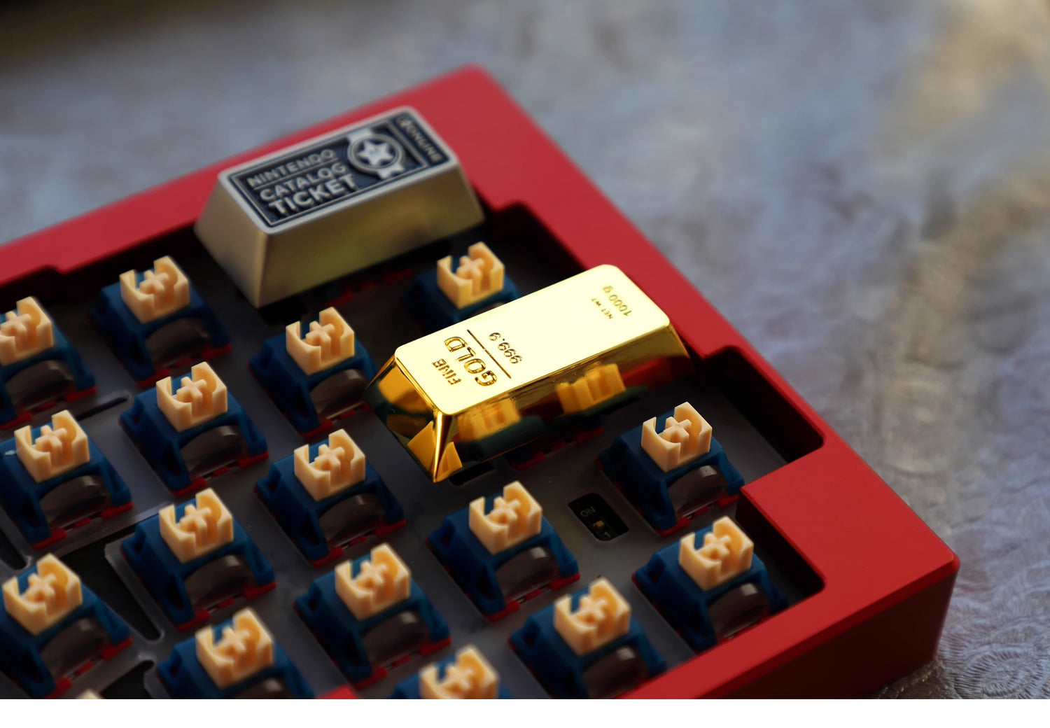 Metal personalized keycaps, featuring gold bar and gold brick shaped enter keys, made of zinc alloy material with original height, including enter and ESC keys