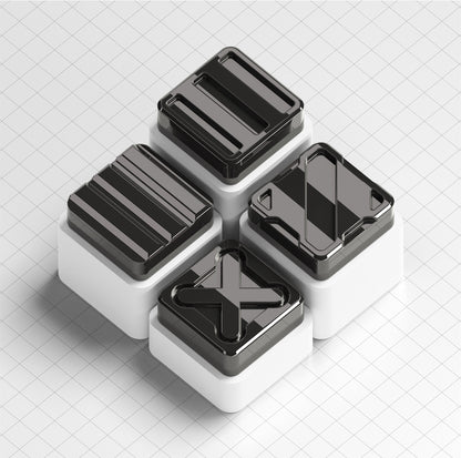 Nuclear Cube themed design, metal black and white color scheme, glossy matte metal, customized personalized keycaps