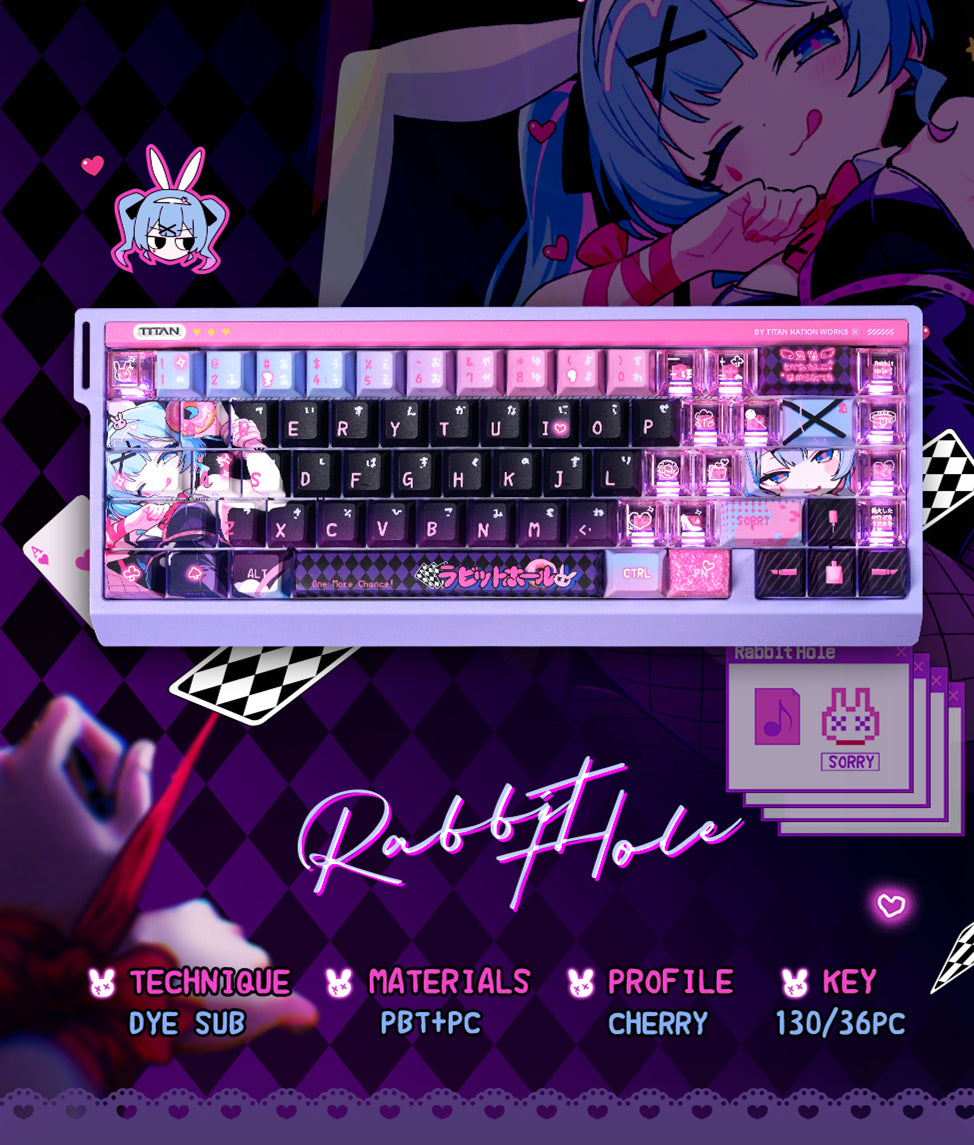 Rabbit Hole themed keycap pbt+PC sublimation technology side transparent personalized keycap set, anime game music themed decorative keycaps