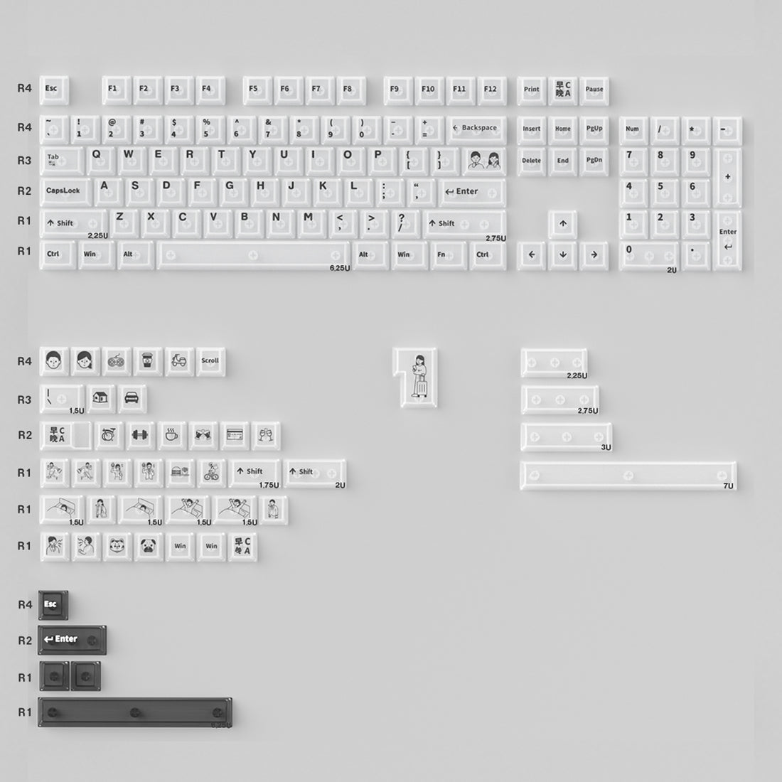 Working early and returning late series, transparent PC material UV transfer printing factory high color transparent keycap set