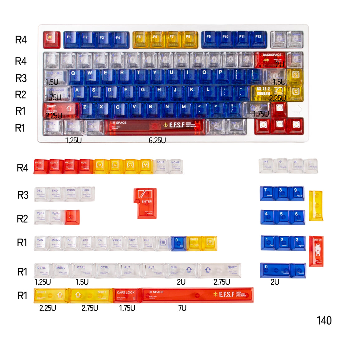 GUNDAM theme, original factory high PC transparent mechanical keyboard keycap UV printing creative personalized keycap set