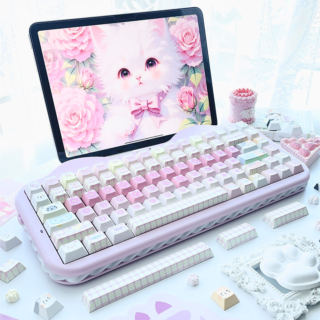 Cute Cat Theme Keycap Mechanical Keyboard Cap PBT Five sided Heat Sublimation Pink Series Personalized Keycap Set