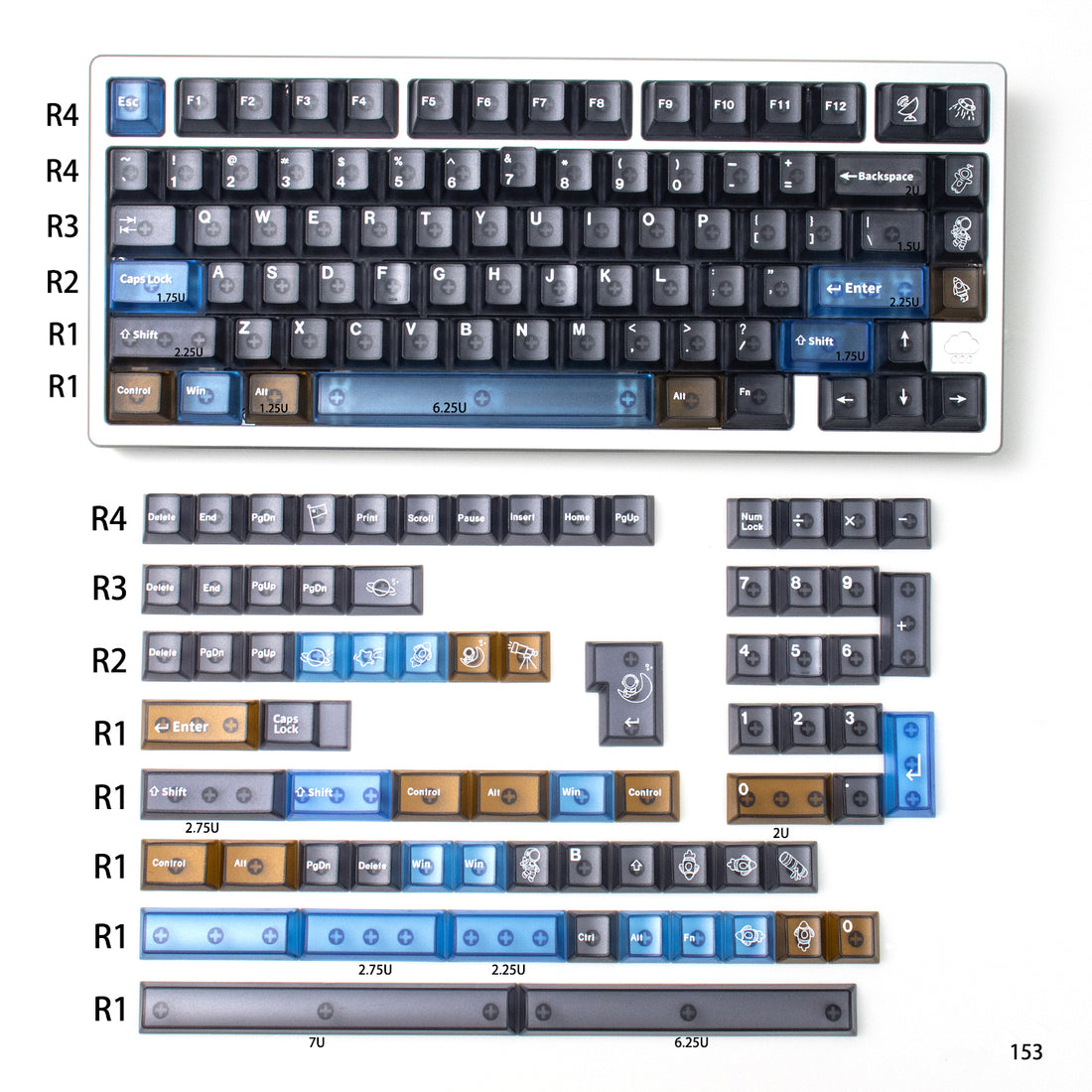 Interstellar themed keycap set, five sided frosted translucent PC keycap personalized customization PBT heat sublimation factory height