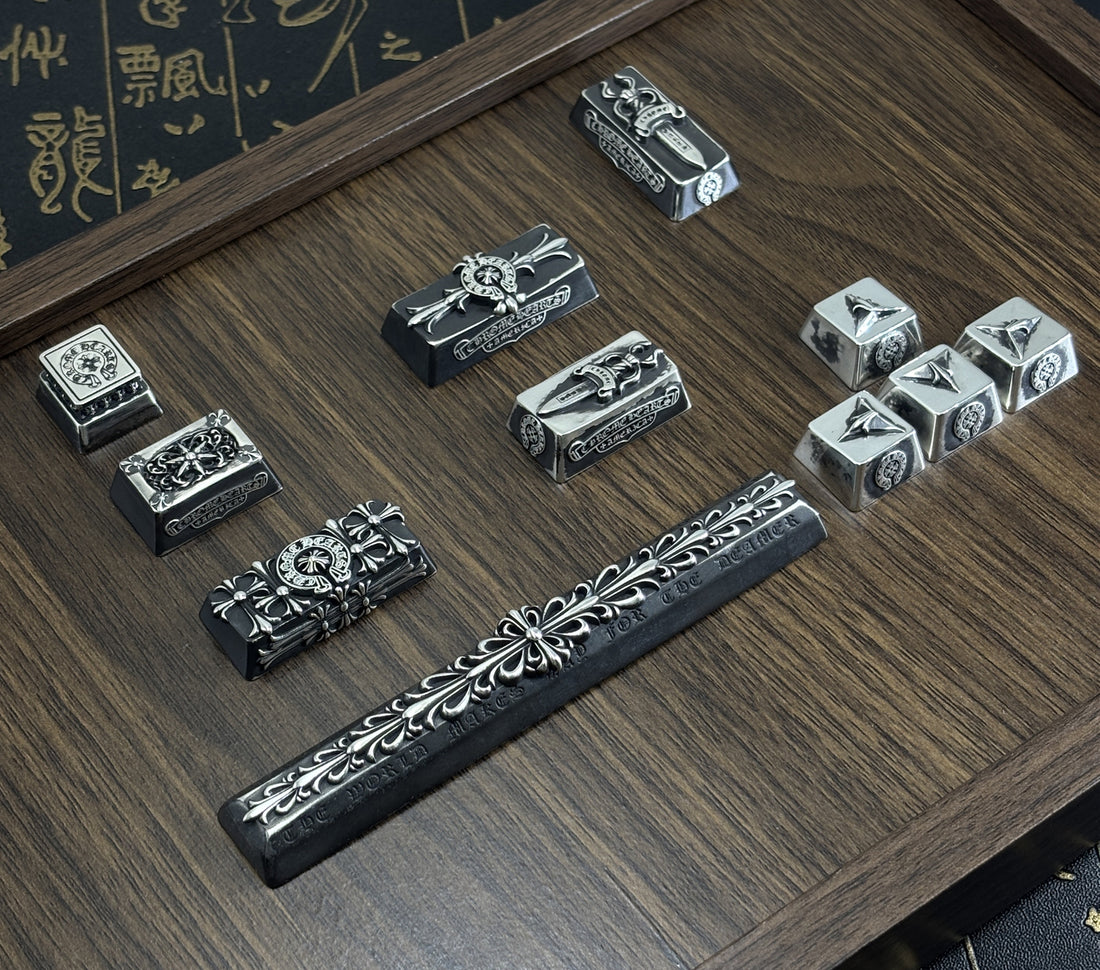 Chrome Hearts sterling silver oxide black style, full keyboard key positions, 925 sterling silver custom fashionable cultural keycaps, fashionable personalized art decoration keycaps