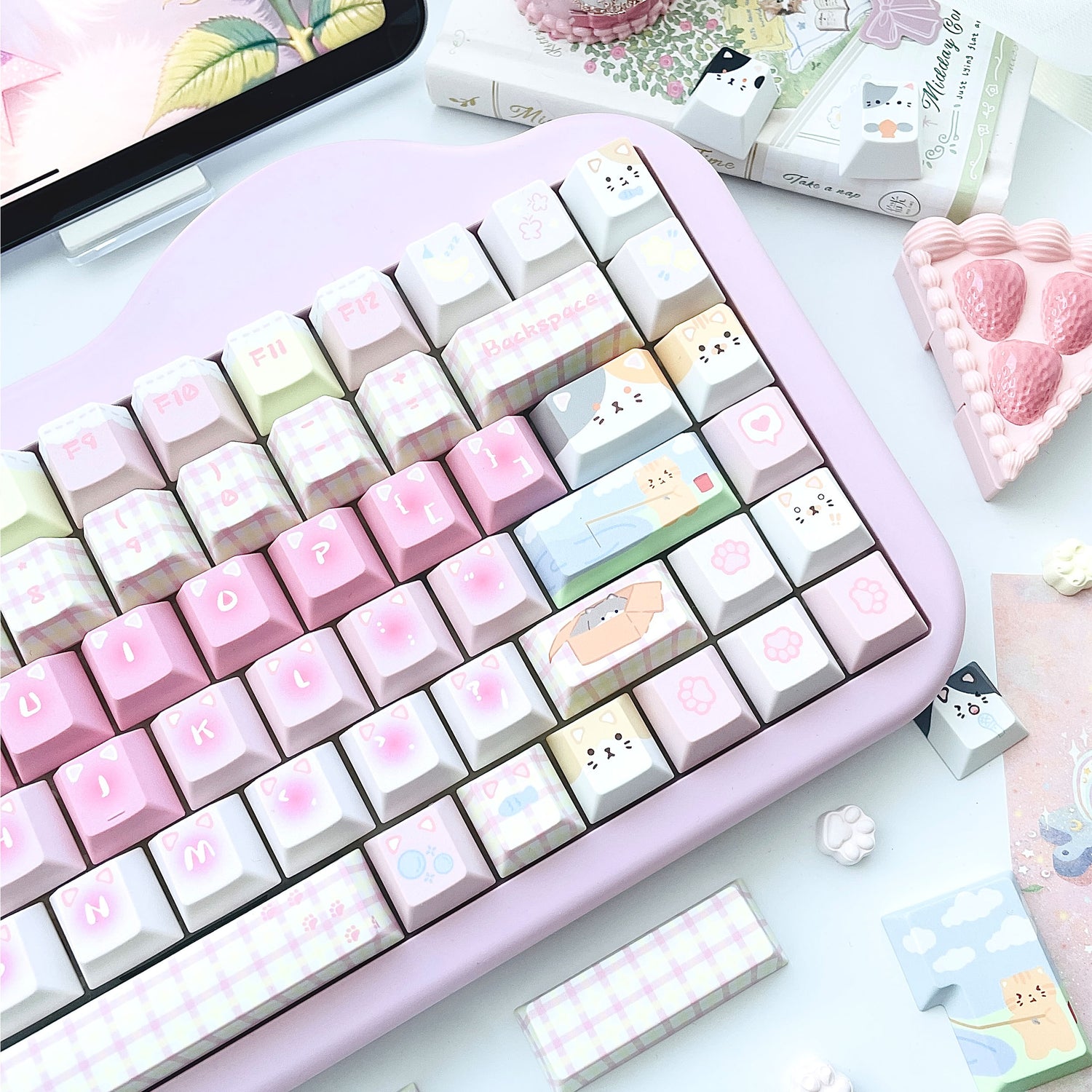 Cute Cat Theme Keycap Mechanical Keyboard Cap PBT Five sided Heat Sublimation Pink Series Personalized Keycap Set