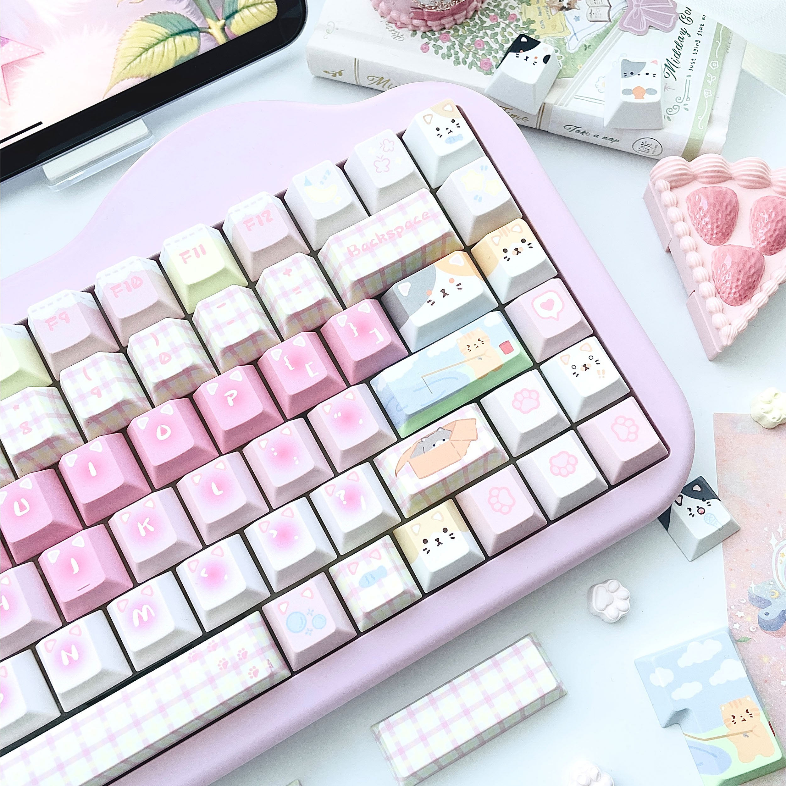 Cute Cat Theme Keycap Mechanical Keyboard Cap PBT Five sided Heat Sublimation Pink Series Personalized Keycap Set