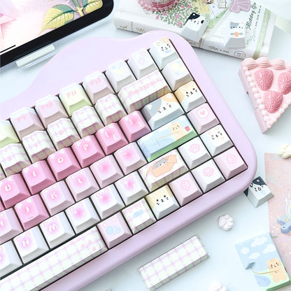 Cute Cat Theme Keycap Mechanical Keyboard Cap PBT Five sided Heat Sublimation Pink Series Personalized Keycap Set