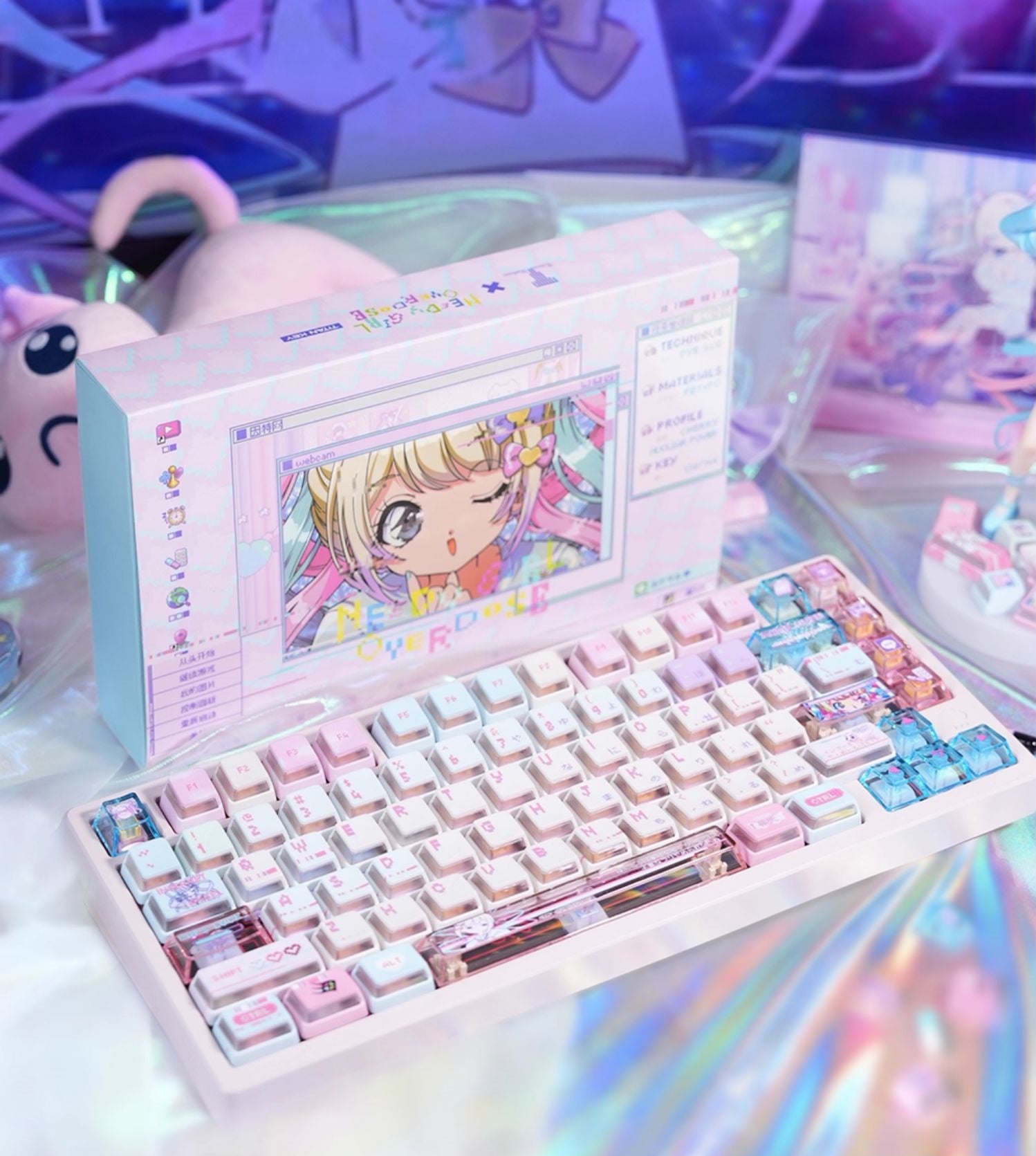 NEEDY GIRL OVERDOSE Theme Keycaps PBT+PC Thermal Sublimation Craftsmanship Personalized Keycap Set Pink Series Keycaps, Anime Game Theme Decorative Keycaps
