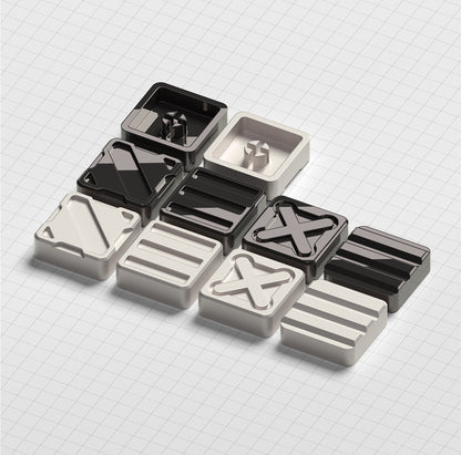Nuclear Cube themed design, metal black and white color scheme, glossy matte metal, customized personalized keycaps