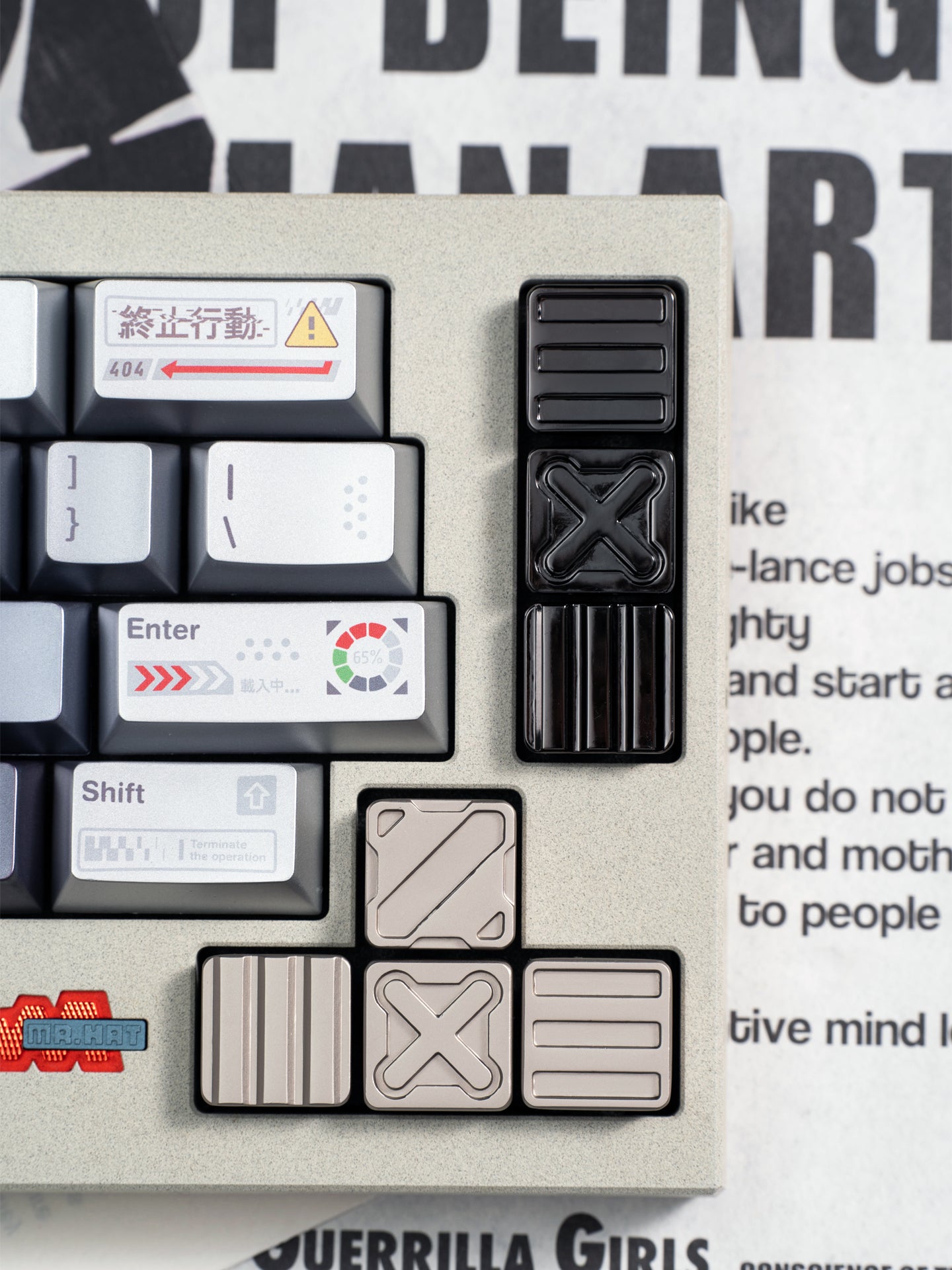 Nuclear Cube themed design, metal black and white color scheme, glossy matte metal, customized personalized keycaps