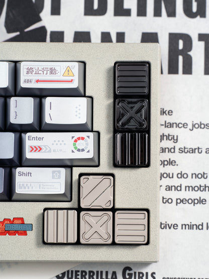 Nuclear Cube themed design, metal black and white color scheme, glossy matte metal, customized personalized keycaps