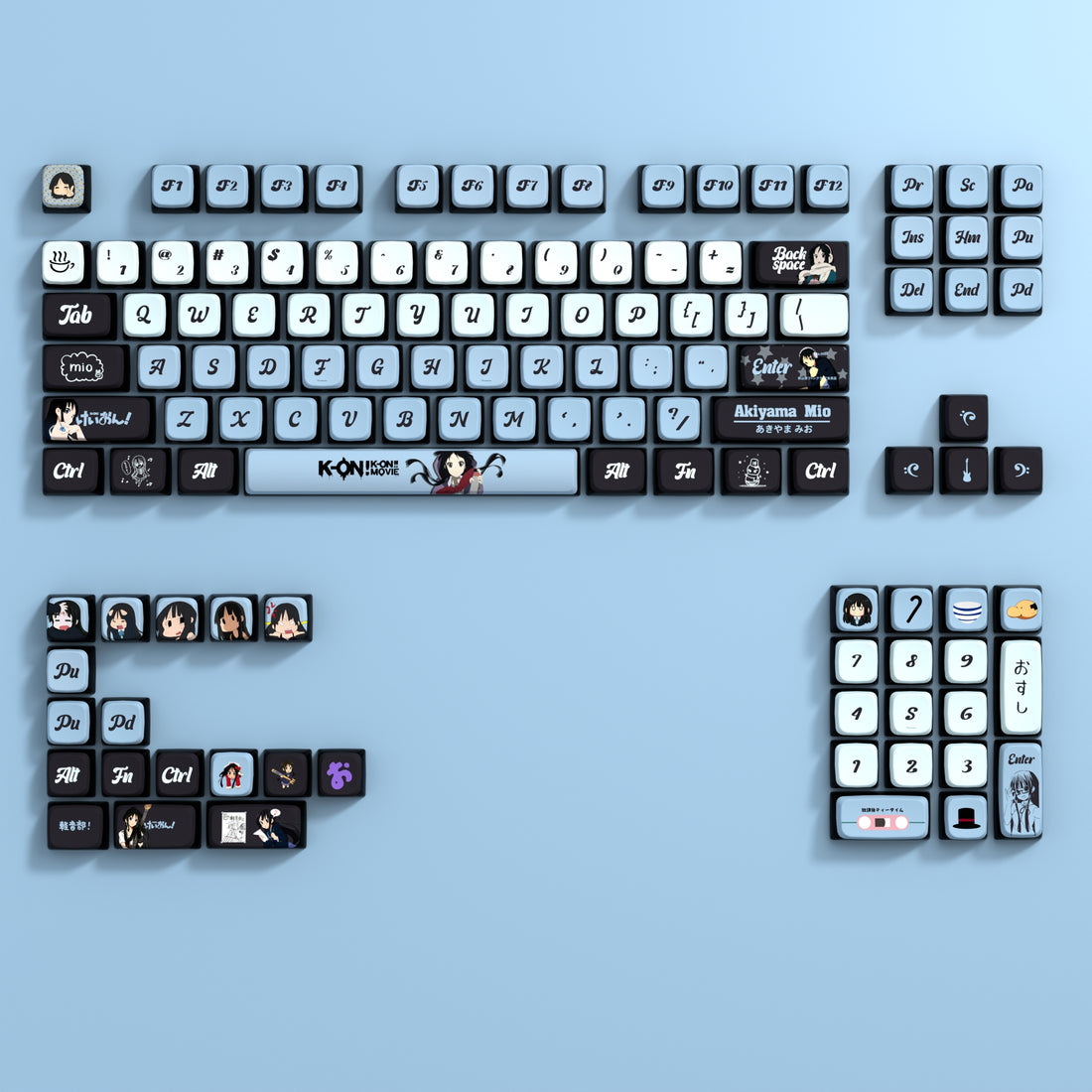 K-ON！ Theme: Akiyama Mio Blue Personalized Keycap Set with Original Factory Translucent PBT Thermal Sublimation Process for Side Carving