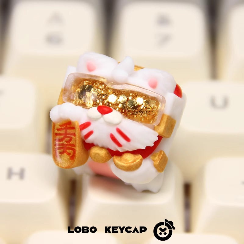 Lucky Cat， Multi colored resin one-piece molded personalized keycaps, handmade art keycaps, creative keycaps