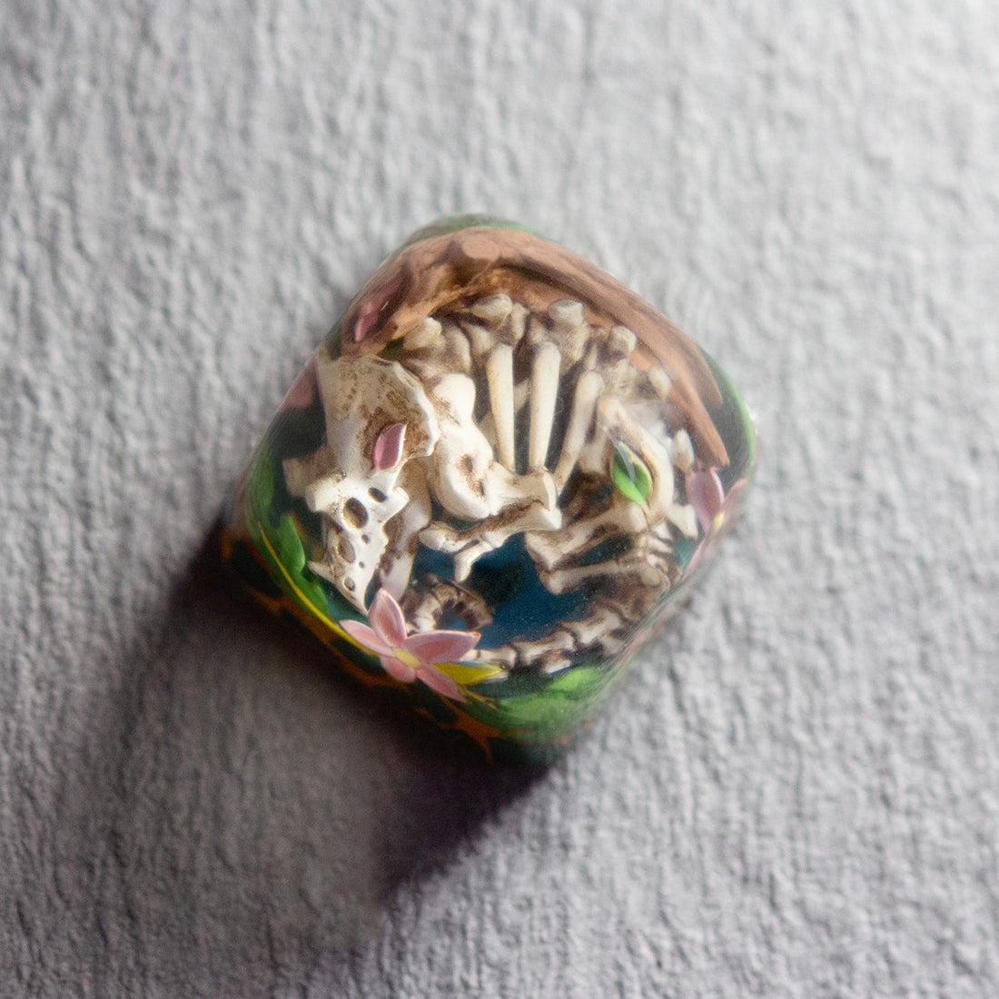 Miniature landscape Triceratops fossil, Crystal drops of glue material artisankeycaps, craftsman decorated keycaps.