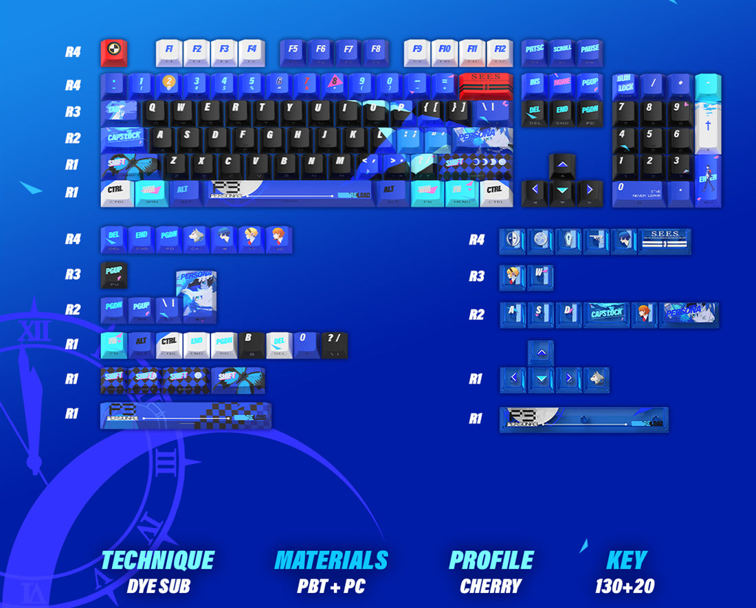 Persona P3R keycap pbt thermal sublimation blue nuclear power side transparent personalized keycap set