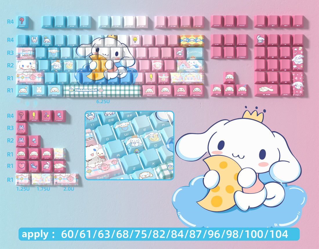 Cinnamoroll Theme Side Carving Transparent Matte Texture Keycaps OEM High PBT Thermal Sublimation Anime Game Theme Customized Keycaps