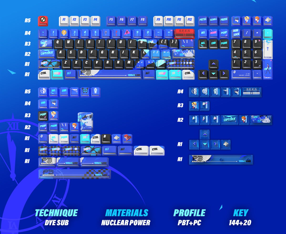 Persona P3R keycap pbt thermal sublimation blue nuclear power side transparent personalized keycap set