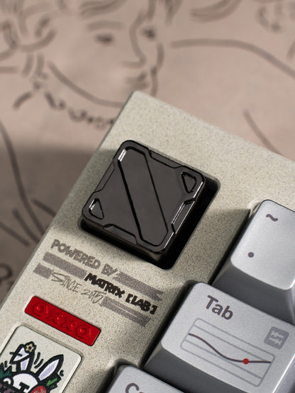 Nuclear Cube themed design, metal black and white color scheme, glossy matte metal, customized personalized keycaps