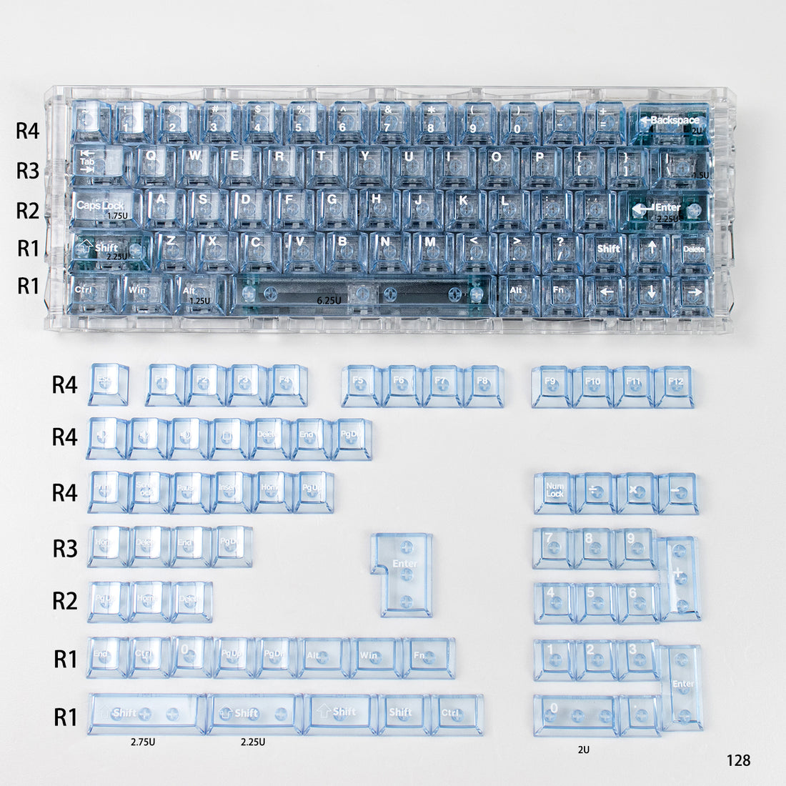 Light blue transparent mechanical keyboard keycaps with transparent PC material for customized keycaps.