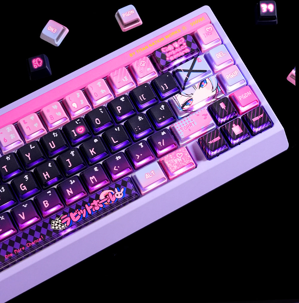 Rabbit Hole themed keycap pbt+PC sublimation technology side transparent personalized keycap set, anime game music themed decorative keycaps