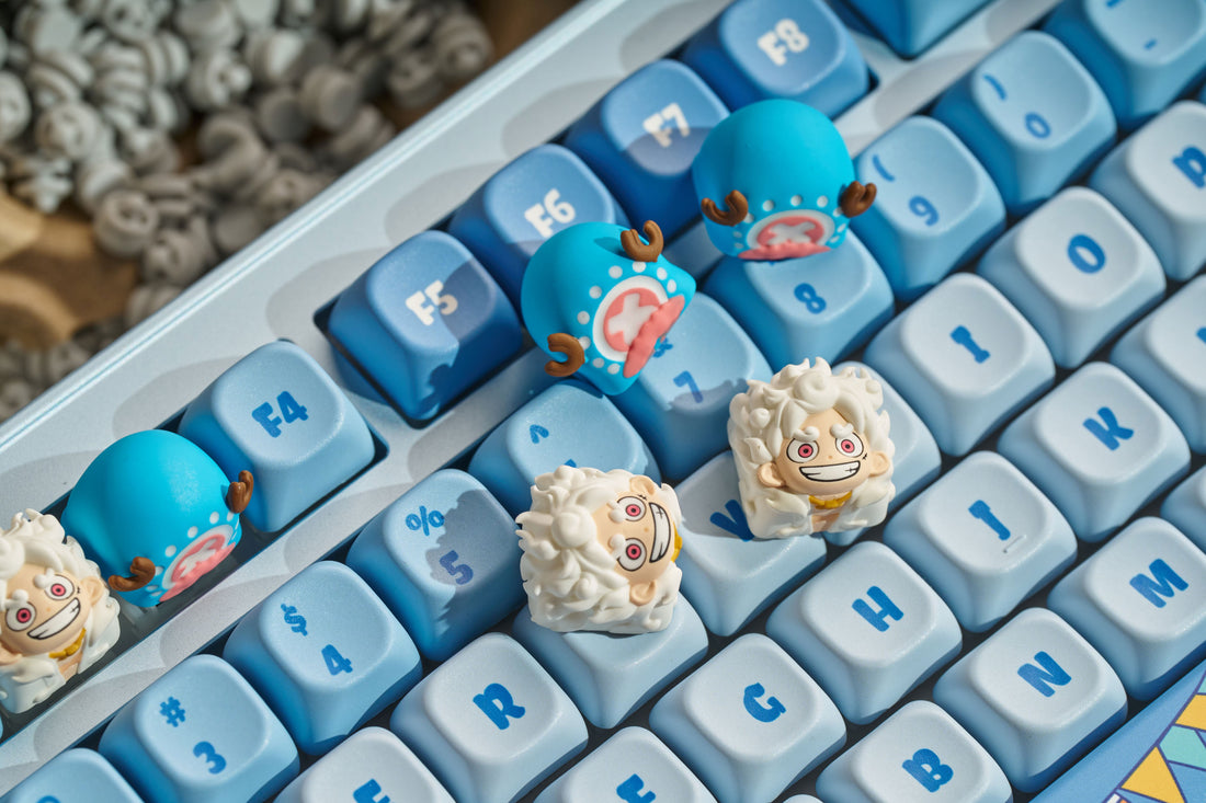 One Piece, Nika Luffy, Tony Tony Chopper hats, multi colored resin molded personalized keycaps, artisankeycaps artistic handmade keycaps.