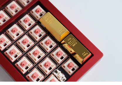 Metal personalized keycaps, featuring gold bar and gold brick shaped enter keys, made of zinc alloy material with original height, including enter and ESC keys