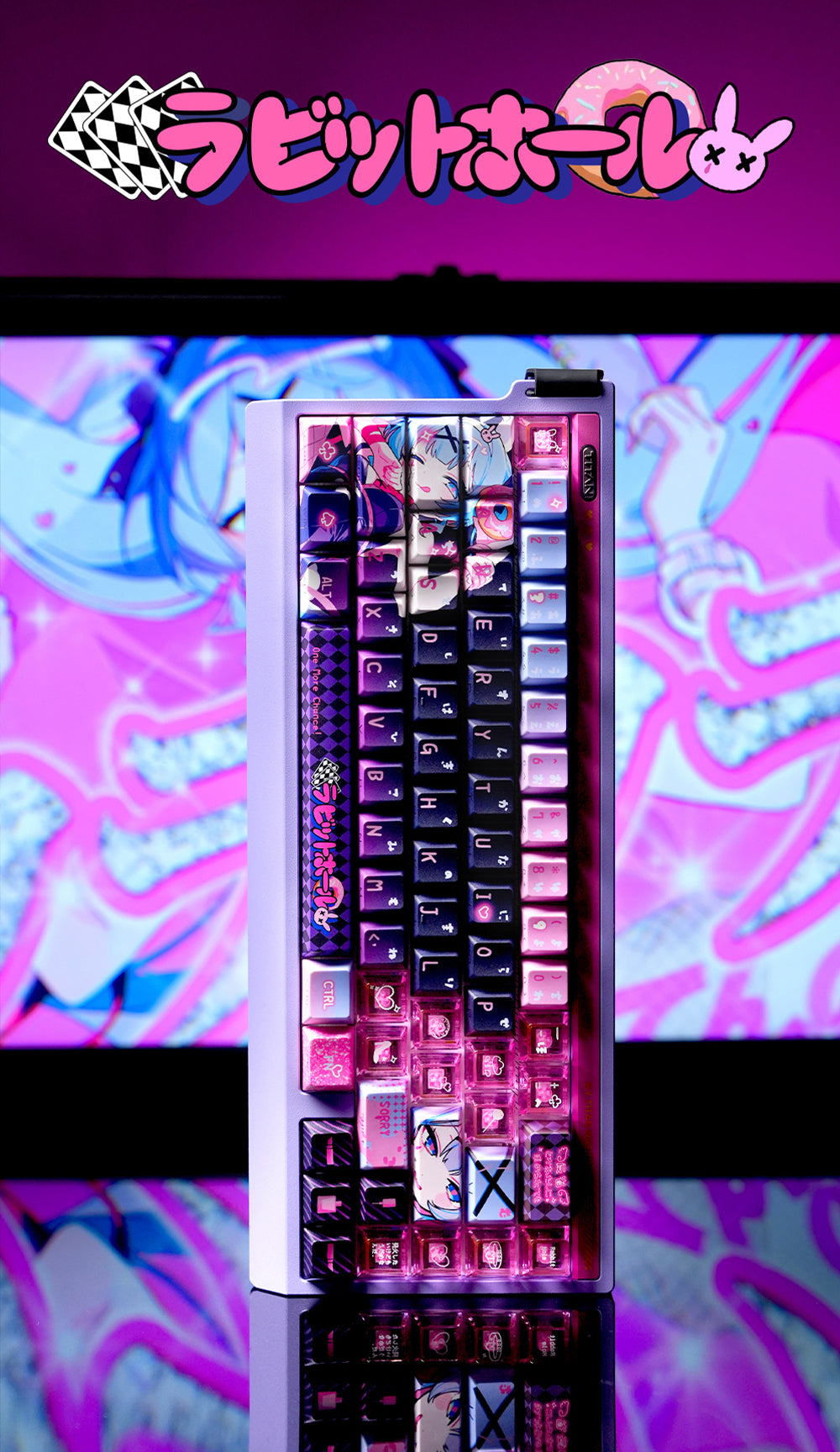 Rabbit Hole themed keycap pbt+PC sublimation technology side transparent personalized keycap set, anime game music themed decorative keycaps