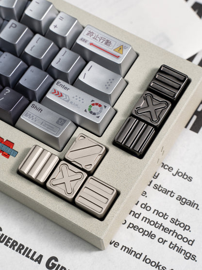 Nuclear Cube themed design, metal black and white color scheme, glossy matte metal, customized personalized keycaps