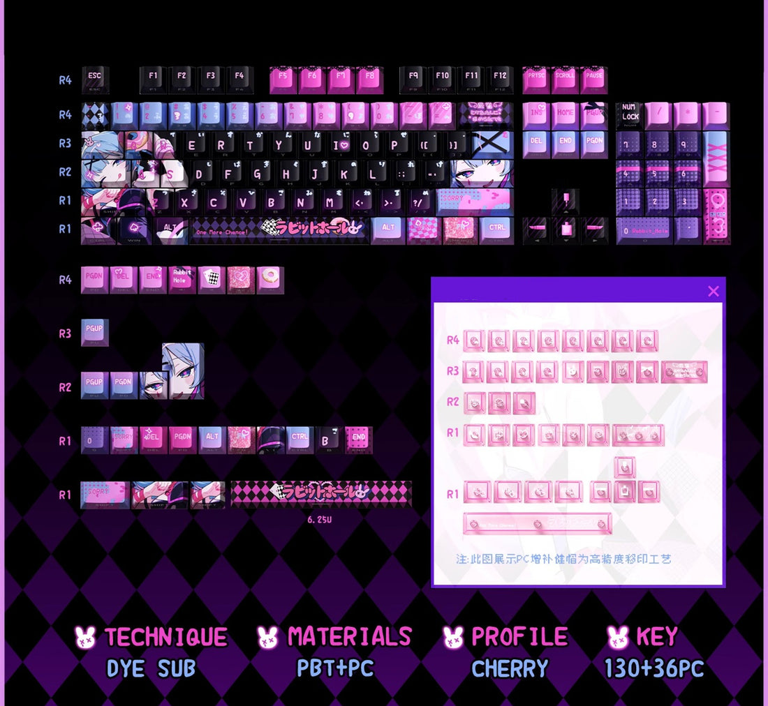 Rabbit Hole themed keycap pbt+PC sublimation technology side transparent personalized keycap set, anime game music themed decorative keycaps