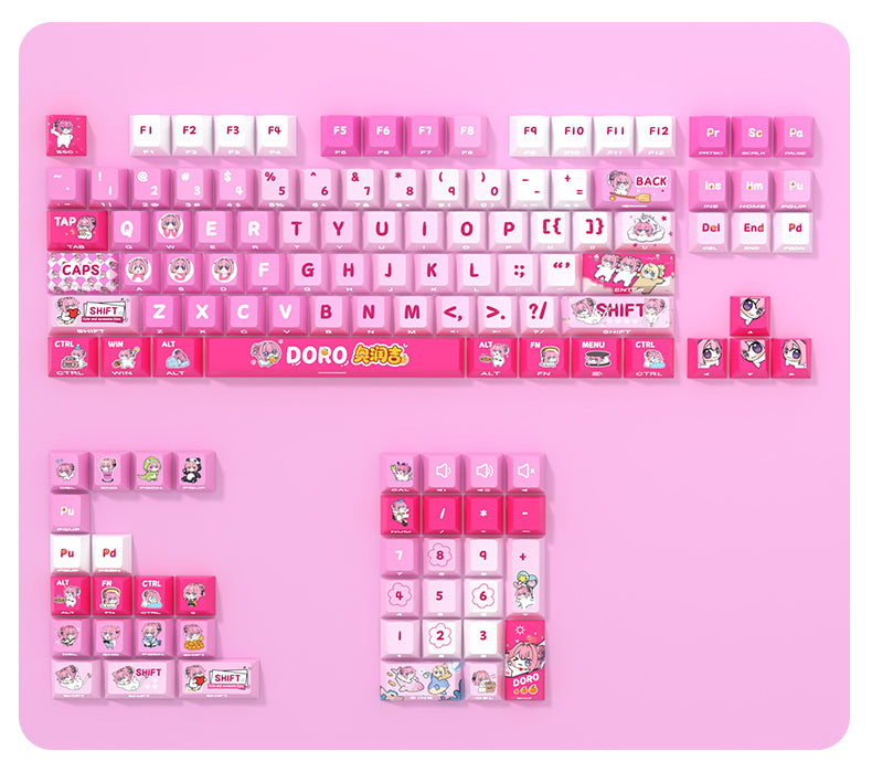 Doro theme, pink personalized keycap set with side engraved original translucent keycap PBT heat sublimation process