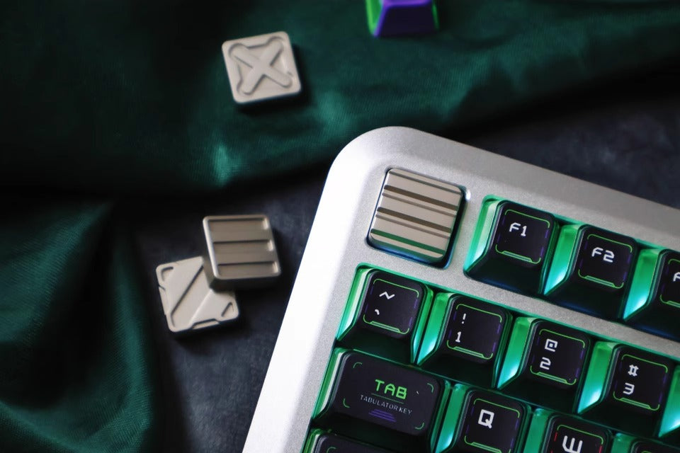 Nuclear Cube themed design, metal black and white color scheme, glossy matte metal, customized personalized keycaps