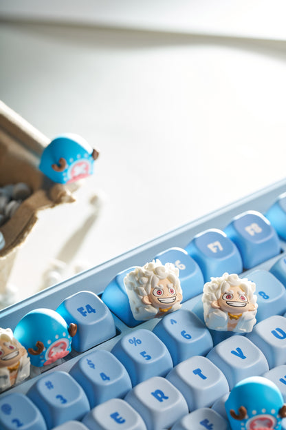 One Piece, Nika Luffy, Tony Tony Chopper hats, multi colored resin molded personalized keycaps, artisankeycaps artistic handmade keycaps.