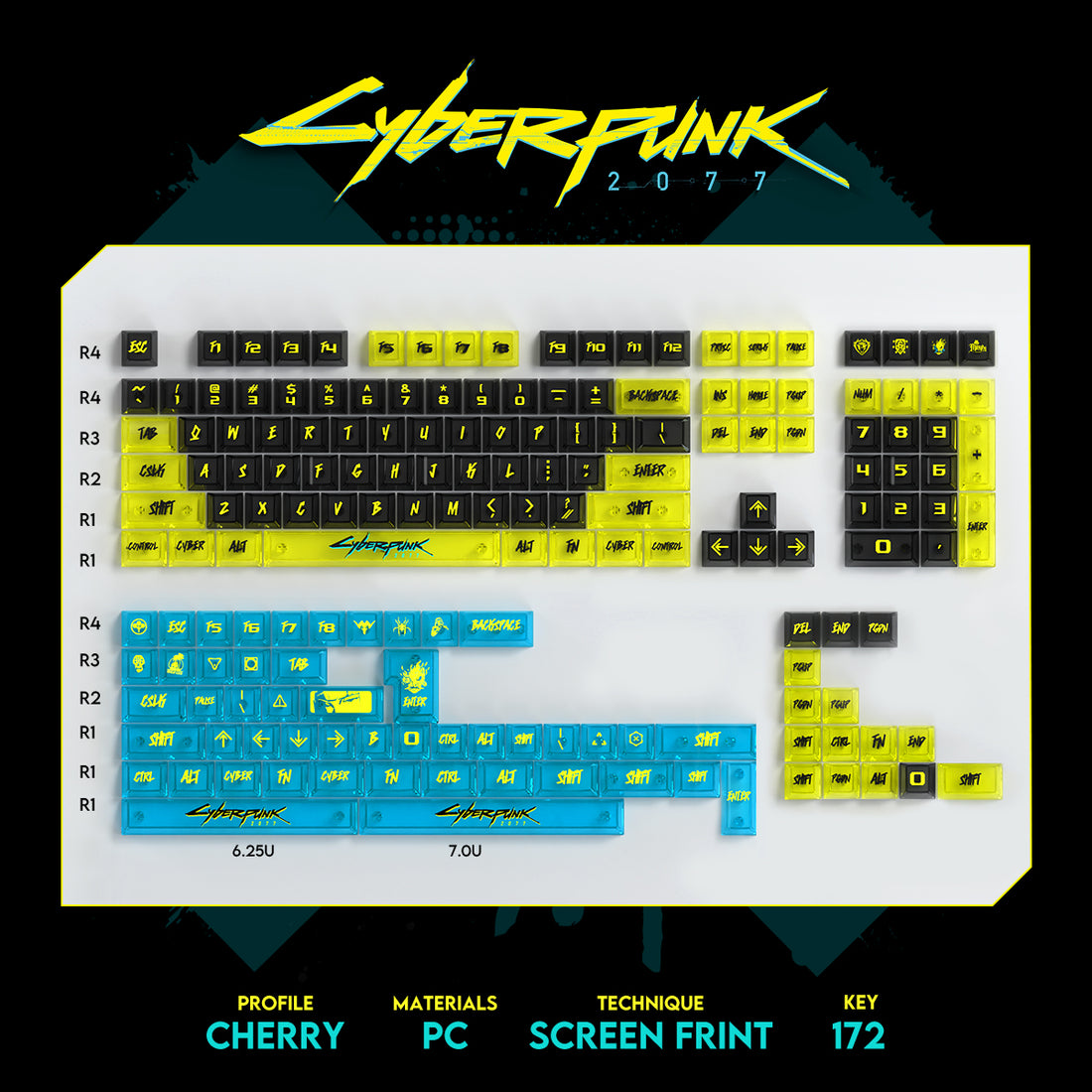 Cyberpunk themed keycaps pbt+PC sublimation technology personalized keycap set neon colored keycaps, anime and game themed decorative keycaps