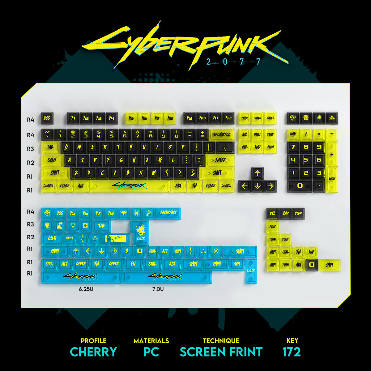 Cyberpunk themed keycaps pbt+PC sublimation technology personalized keycap set neon colored keycaps, anime and game themed decorative keycaps