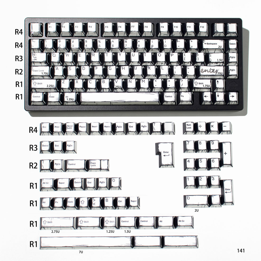 White comic style, PBT heat sublimation original factory highly compatible personalized keycap set.