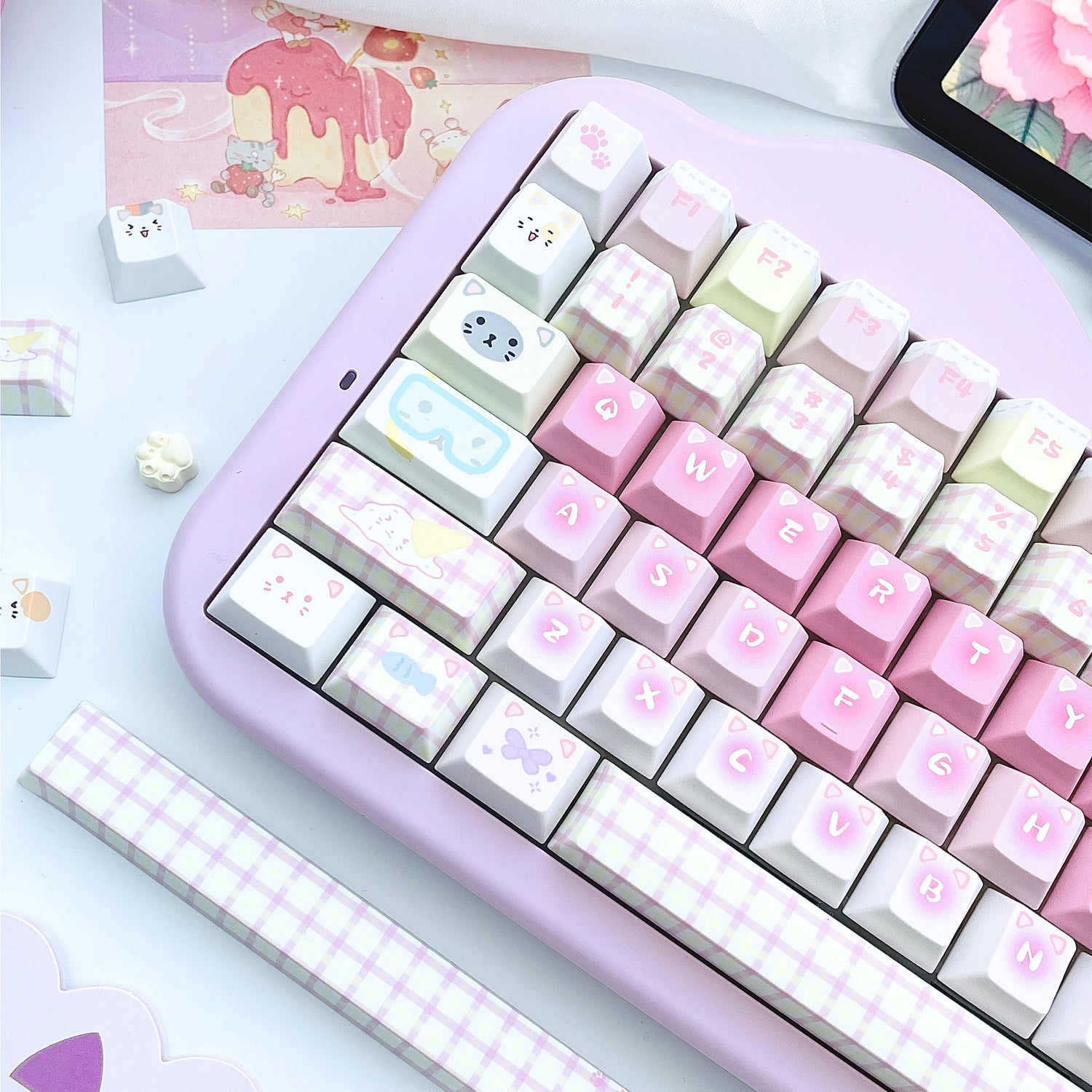 Cute Cat Theme Keycap Mechanical Keyboard Cap PBT Five sided Heat Sublimation Pink Series Personalized Keycap Set