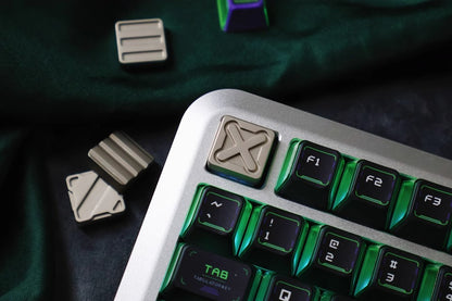 Nuclear Cube themed design, metal black and white color scheme, glossy matte metal, customized personalized keycaps